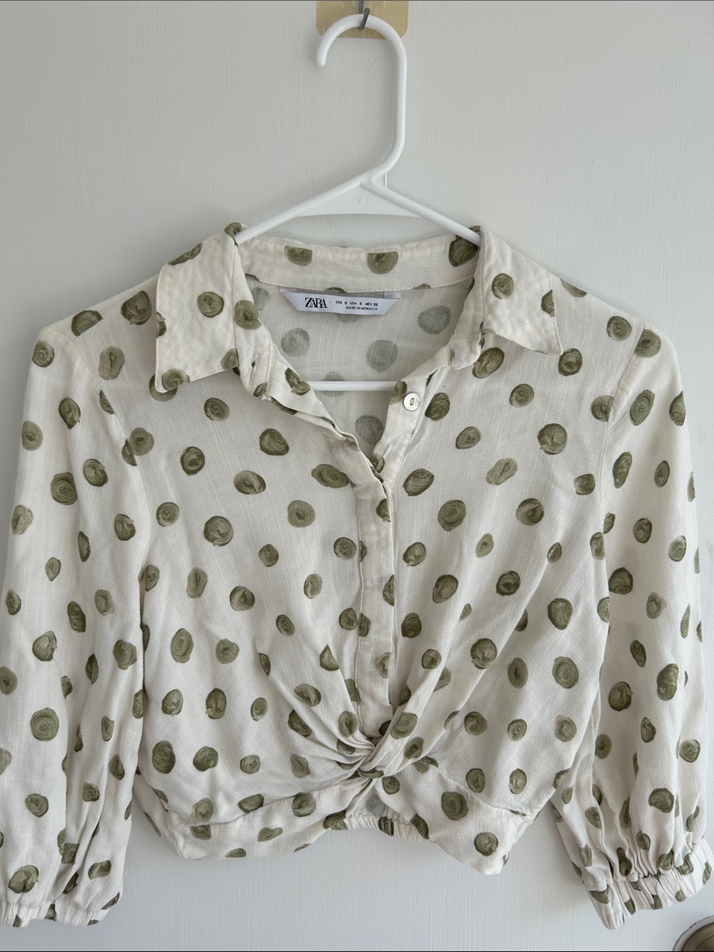 Zara White Blouse with Olive Green Dot Tie-Front